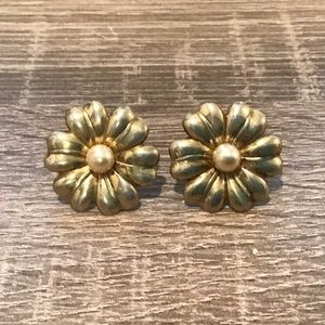 Vintage Sterling Silver Gold Tone Faux Pearl Flower Screw Back Earrings 15/16" L